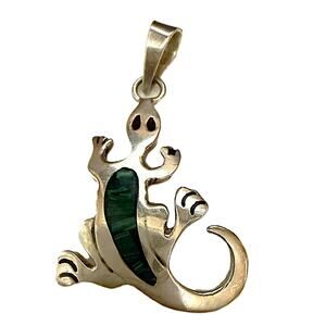 Vintage Sterling Silver 925 Gecko Pendant With Malachite Inlay Mexico